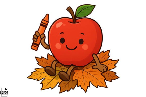 Apple on Autumn Leaves with Crayon PNG