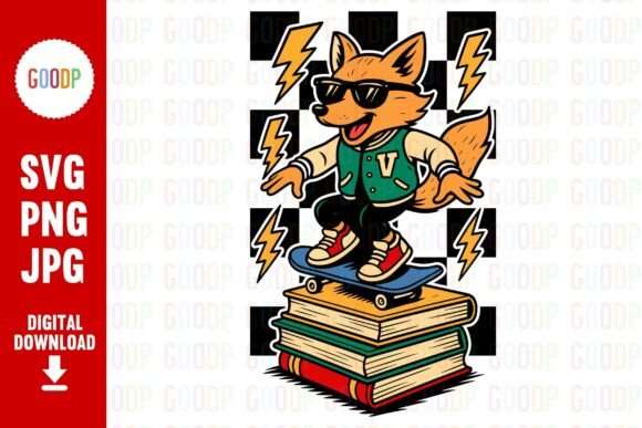 Cool Fox on Books Skateboard Png: A Vibrant Design for Creative Projects and Classroom Decor