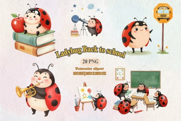 Cute Ladybug School Clipart Set