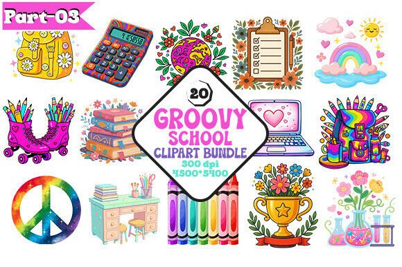 Retro Groovy School PNG Clipart Bundle: Add Nostalgic Flair to Your Classroom Projects