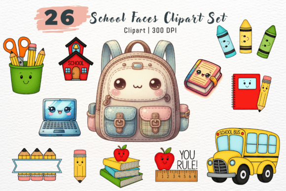 School Kawaii Faces Clipart Set: A Digital Resource for Creative Projects
