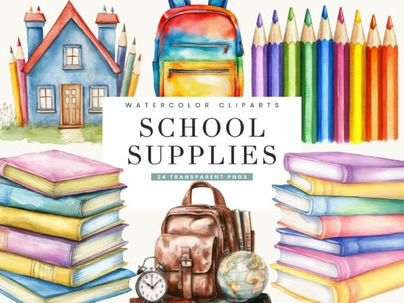 Watercolor School Supplies Clipart