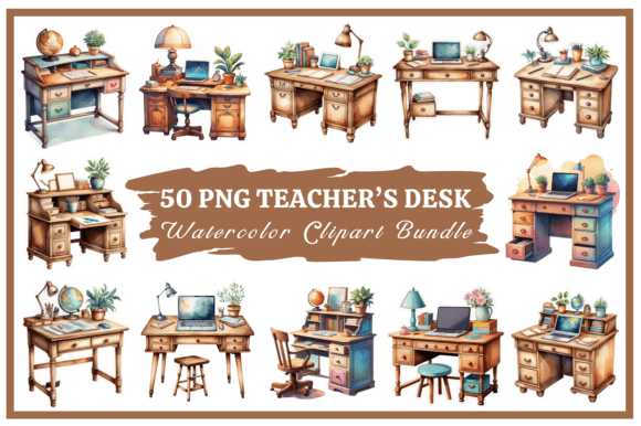 Wooden Teacher’s Desk Watercolor Clipart